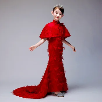 Raudona Undinėlės Gale Cheongsam Suknelė Ilga Seksuali Rytų Stiliaus Qipao Vaikai Rankovių Kutas Vaikų Šalis Suknelės Promenadzie Suknelė