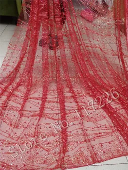 Raudonos spalvos, 5 metrų klijuojami blizgučiai nėrinių audinys su perlų ant pardavimo JRB-32916 blizgučiai akių medžiagos vakarinę suknelę