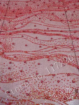Raudonos spalvos, 5 metrų klijuojami blizgučiai nėrinių audinys su perlų ant pardavimo JRB-32916 blizgučiai akių medžiagos vakarinę suknelę
