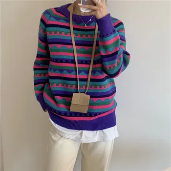 Retro stiliaus žieminiai nauji korėjos prarasti megztas dryžuotas megztinis ilgomis rankovėmis džemperis moterims