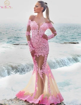 Rožinė Nėriniai Prom Dresses Ilgai Seksualus 2020 M. Vien Kaklo Visą Rankovės Undinė Trimitas Šampano Tiulio Vakare Gown Oficialų Vaikščioti Šalia Jūsų