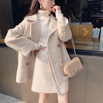 Rudens ir žiemos mados mažas aromatas saldus kostiumas, sijonas, dviejų dalių storas vilnonis paltas striukė trumpas sijonas dizaino moterų tendencijos