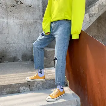 Rudenį Kankina Pleistras Džinsai Vyrų Mados Atsitiktinis Retro Tiesūs Džinsai Vyrams Streetwear Prarasti Hip-hop Skylę Džinsinio audinio Kelnės Mens S-2XL