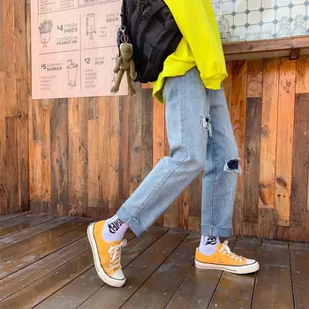 Rudenį Kankina Pleistras Džinsai Vyrų Mados Atsitiktinis Retro Tiesūs Džinsai Vyrams Streetwear Prarasti Hip-hop Skylę Džinsinio audinio Kelnės Mens S-2XL