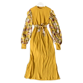 Rudenį Moterų Megzti Suknelę Indie Gėlių O-kaklo Kratinys Pavasario Moterų ilgomis Rankovėmis Aukštos Juosmens Padalinta Kulkšnies-ilgis A-Line Dresses