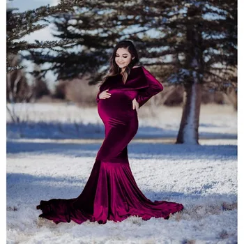 Ruffles Motinystės Ilga Suknelė Fotografijos Aukso Aksomo Elegantiškas Nėštumo Fotosesiją Nėščia Naujų Moteris Rudens-Žiemos Maxi Suknelė