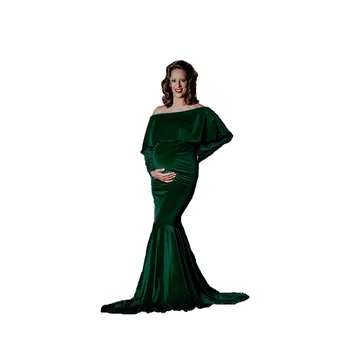 Ruffles Motinystės Ilga Suknelė Fotografijos Aukso Aksomo Elegantiškas Nėštumo Fotosesiją Nėščia Naujų Moteris Rudens-Žiemos Maxi Suknelė
