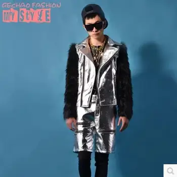S-5XL 2019 Nauji vyriški drabužiai dainininkas DJ bigbang DS sidabro PU susiuvimo odos motociklo striukė plius dydis vyrų etape kostiumai