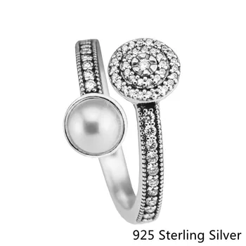S925 Sterlingas Sidabro Šviesos Švytėjimas Žiedas Pakabukai su White Crystal Pearl & Aišku, CZ, 