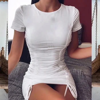 Seksualus Ruched Bodycon Mini Suknelė 2020 Trumpas Rankovės O Kaklo Juoda Balta Tvarstis Stora Įrengtas Suknelės Moteris Šalis Naktinis Klubas