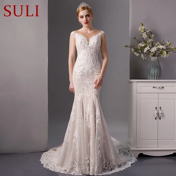 SL-6083 Naują Atvykimo Šampano Nėrinių Undinė Vestuvių Suknelės Visiškai Duobute 2019