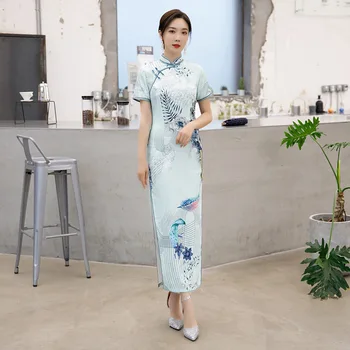 Spausdinti Gėlė Ilgai Cheongsam Vestidso Mandarinų Apykaklės Derliaus Satino Lady Kinų Suknelė Elegantiškas Vakaras Šalis Suknelė Didelis Dydis 4XL
