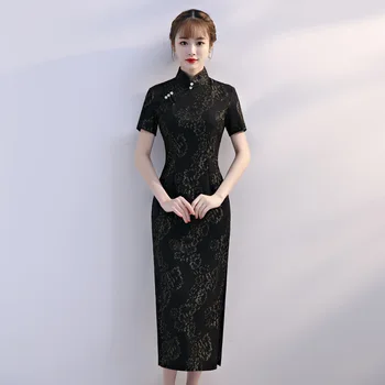 Stilingas Ponios Nėriniai Cheongsam 2019 Naujas Vasaros Kinų stiliaus Mandarinų Apykaklės Ilga Suknelė Moterų Qipao Slim Šalis Suknelės Vestido