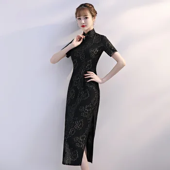 Stilingas Ponios Nėriniai Cheongsam 2019 Naujas Vasaros Kinų stiliaus Mandarinų Apykaklės Ilga Suknelė Moterų Qipao Slim Šalis Suknelės Vestido