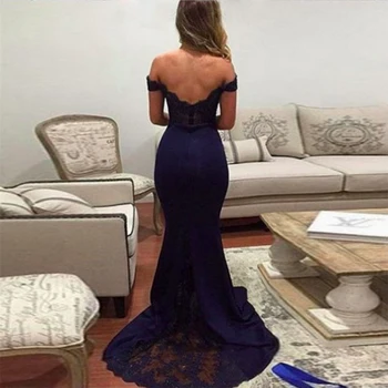 Tamsiai Mėlynas Vakaro Suknelės Nuo Peties Mermaid Stiliaus Appliques Oficialų Šalis Suknelės Valymo Traukinio 2019 Karšto Pardavimo Vakare Gown