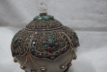 Tibeto Liaudies amatų Sidabro kristalų apdaila Ruby beryl brangakmenio Bakas Puodą Vaza Jar