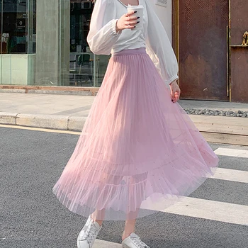 Tiulio Granulių Sijonai Moterų korėjos Stiliaus Rožinės spalvos Juoda Parodija Empirte 2020 M. Pavasario Vasaros
