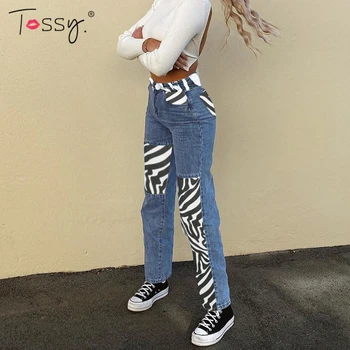 Tossy Pavasario Kratinys Zebra Kelnes Femme Džinsinio Tiesių Kojų Džinsus Aukšto Juosmens Laisvalaikio moteriškos Kelnės Streetwear Y2K Naujas