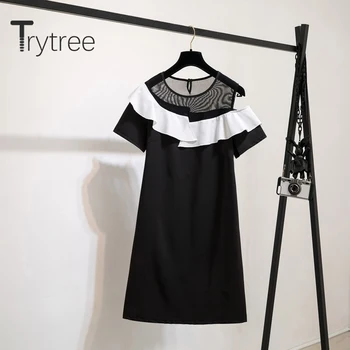 Trytree 2020 m. Vasarą Moteris Atsitiktinis Suknelė, O-kaklo Kratinys Raukiniai Kietas-line 2 Spalvų Mados Elegantiškas Temperamentas Mini Suknelė
