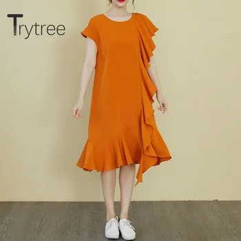 Trytree 2020 metų Vasaros Moterų Atsitiktinis Suknelė, O-kaklo Kietas Mados Ruffles Netvarkingos Kietojo Suknelė Elegantiškas-line Biuras Lady Suknelė