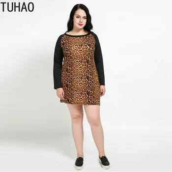 TUHAO Didelio Dydžio 6XL 5XL 4XL Pavasario Suknelė Mados Moterų Didelių Dydžių Moterims Leopard Print Plus Size Moters Suknelė Mini Vestido LR