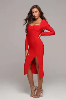 Tvarstis Suknelė Aukščiausios Kokybės Sluoksniuotos Rankovėmis Raudona Suknelės, Elegantiškos Mados Naktinis Klubas Bodycon Garsenybių Suknelės, Šaliai