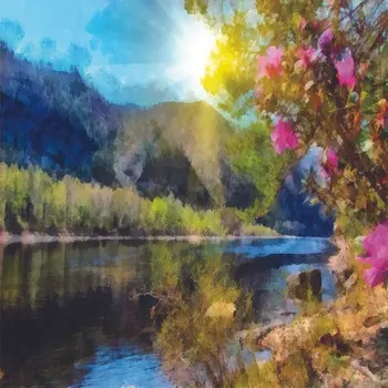Užuolaidų Upės Gėlė, Medis, Gamta Saulėtą Pavasario Dieną Peizažas Fuksija Mėlynai Žalia Iliustracijos