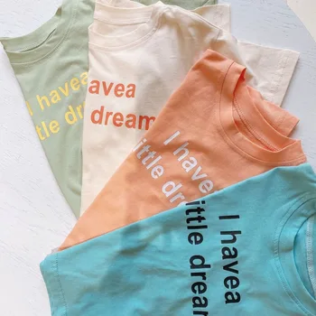 Vaikiški marškinėliai 2021 m. vasaros vaikų drabužiai nauji modeliai apvalios kaklo marškinėliai kieto spalvų paprastu laišku atsitiktinis marškinėliai
