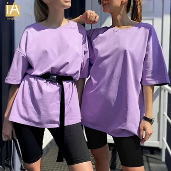 Vasaros moteriški sportiniai kostiumai du peices nustatyti, laisvalaikio apranga medvilnės negabaritinių marškinėliai aukšto juosmens šortai saldainiai spalvos drabužiai