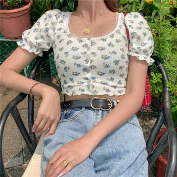 Vasarą nauju Moterų Mados Gėlių Spausdinti Burbulas Rankovės Nėrinių Megztinis marškinėliai Saldus Vintage Stiliaus Pasėlių Viršuje esančius Mygtukus Streetwear