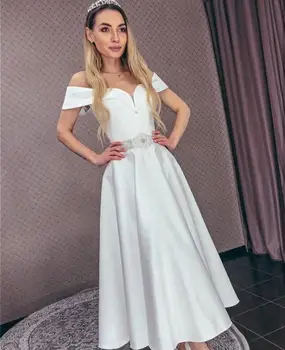 Vestuvinė suknelė, trumpas 2020 kulkšnies ilgio, trumpomis rankovėmis satino vestuvinės suknelės paprasta, abito da sposa a sirena rūbeliai mariage bohème naujas
