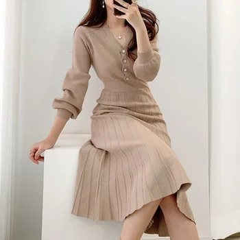 Vienas Gabalas Korėjos Plisuotos Suknelė 2021 Naują Pavasario Ilgomis Rankovėmis Slim Moteris Megztinis Sukneles Megztos Derliaus Elegantiškas Midi Šalis Suknelė
