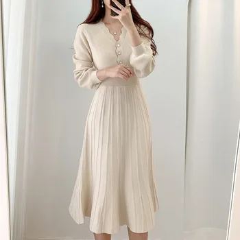 Vienas Gabalas Korėjos Plisuotos Suknelė 2021 Naują Pavasario Ilgomis Rankovėmis Slim Moteris Megztinis Sukneles Megztos Derliaus Elegantiškas Midi Šalis Suknelė