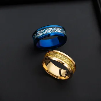 Visą Dydį Valdinga Vyro Žiedas Aukso Mėlyna Anglies Pluošto Black Dragon Apdaila Tinka Nerūdijančio Plieno Žiedai Vyrų Vestuvių Juostoje Žiedas
