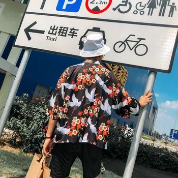 Vyrai Japonija Stiliaus Krano Gėlių Modelio Spausdinimo Kimono Megztinis Marškinėliai Vasaros Paplūdimio Vyrų Streetwear Atsitiktinis Pusė Rankovių Palaidinės XXL