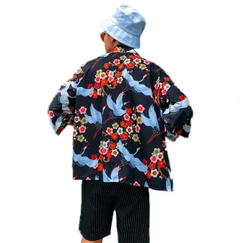 Vyrai Japonija Stiliaus Krano Gėlių Modelio Spausdinimo Kimono Megztinis Marškinėliai Vasaros Paplūdimio Vyrų Streetwear Atsitiktinis Pusė Rankovių Palaidinės XXL