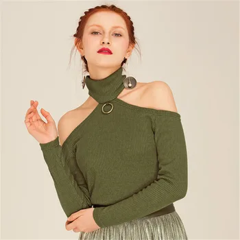 Vėžlys Megztinis moterims megztiniai seksualus nuo peties žalia priežastinis elegantiškas megztinis aukščiausios kokybės rudens žiemos megztiniai moterims