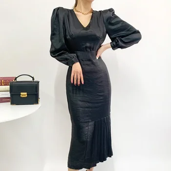 Wavsiyier 2021 Elegantiškas Pavasarį Moteris Korėjos Stiliaus-Line Kietas Kratinys Žiemos Dress Moterų Suknelės, Palaidi Šalies Ilgomis Rankovėmis Vinta
