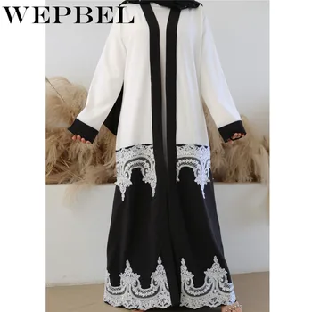 Wepbel Musulmonų Suknelė Marocain Kaftan Tuščiaviduriai Moterų Mados Nėriniai Sujungimas Chalatas Kimono Juodai-Baltas Megztinis Abaja Plius Dydis