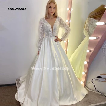 White Satin Vestuvių Suknelė 2021-Line V-Kaklo, Ilgomis Rankovėmis Vien Atgal Mygtuką Koplyčia Traukinys Vestuvinės Suknelės Vestido De Novia Nenurodytas