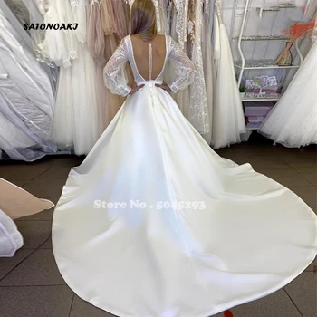 White Satin Vestuvių Suknelė 2021-Line V-Kaklo, Ilgomis Rankovėmis Vien Atgal Mygtuką Koplyčia Traukinys Vestuvinės Suknelės Vestido De Novia Nenurodytas