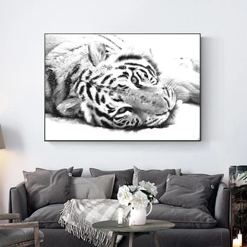 White Tiger Meno Drobė Spausdinti Tapybos Juoda Ir Balta Gyvūnų Šiaurės Stiliaus Sienos Nuotrauka Kambarį Namo Apdaila Plakatas