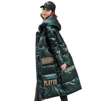 X-ilgai Spausdinimo Parkas Moterų Žiemos 2020 Gobtuvu Storio Puffer Jacket Moterims korėjos Stiliaus Medvilnės, Paminkštinta Blizgus Blizgus Kailis Ponios