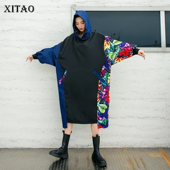 XITAO Streetwear Tendencija Spalvų Bloko Suknelė Moterims Prarasti Plius Dydis Gobtuvu Suknelės ilgomis Rankovėmis Moterims Drabužių 2020 M. Rudenį ZP2586