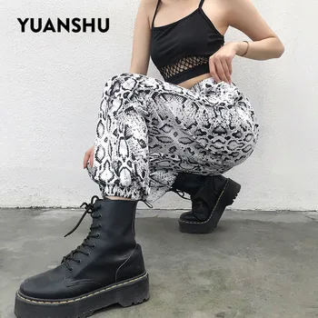 YUANSHU Streetwear Didelis Juosmens Gyvatė Spausdinti Kelnės Moterims Nėriniai Juoda ir Balta Prarasti Moterų Kelnės Gyvūnų Modelio Haremo Kelnės