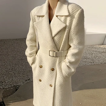 ZCSMLL Pilkas vilnonis paltas su diržu Korėja prašmatnus rudenį ir žiemą tiktų apykaklės dvieiliai vidutinio ilgio švarkelis, 2021 žiemą