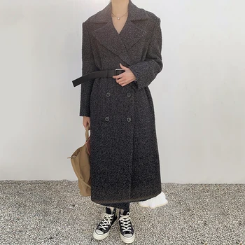 ZCSMLL Pilkas vilnonis paltas su diržu Korėja prašmatnus rudenį ir žiemą tiktų apykaklės dvieiliai vidutinio ilgio švarkelis, 2021 žiemą