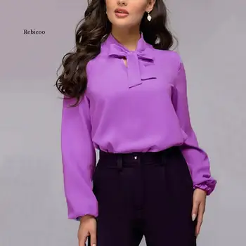 Šifono Pavasarį, Rudenį Moterų Marškinėliai 1Pc Šviesiai Violetinė Rožinė Patogi Tamsiai Violetinės Elegantiškas Lankas Kaklaraištis Minkštas Purus
