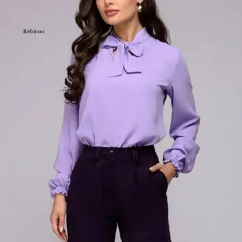 Šifono Pavasarį, Rudenį Moterų Marškinėliai 1Pc Šviesiai Violetinė Rožinė Patogi Tamsiai Violetinės Elegantiškas Lankas Kaklaraištis Minkštas Purus