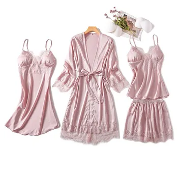Šilkiniai Satino Chalatas Kimono Suknelė Moterų Sleepwear Nėrinių 4PCS Pižama Kostiumas Pižamą Seksuali Miego Nustatyti, naktiniai drabužiai Namų Drabužiai
